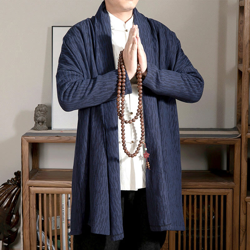 Buddha Stones Fall Simple Jacquard Zen Plush Cotton Lined Men's Mid-length Coat Clothing