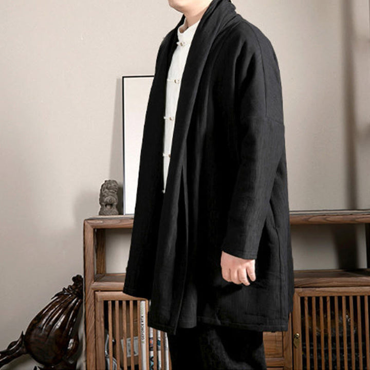 Buddha Stones Fall Simple Jacquard Zen Plush Cotton Lined Men's Mid-length Coat Clothing - image 7