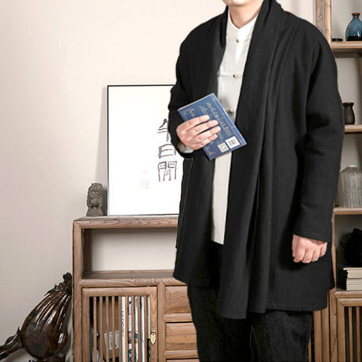 Buddha Stones Fall Simple Jacquard Zen Plush Cotton Lined Men's Mid-length Coat Clothing - image 7