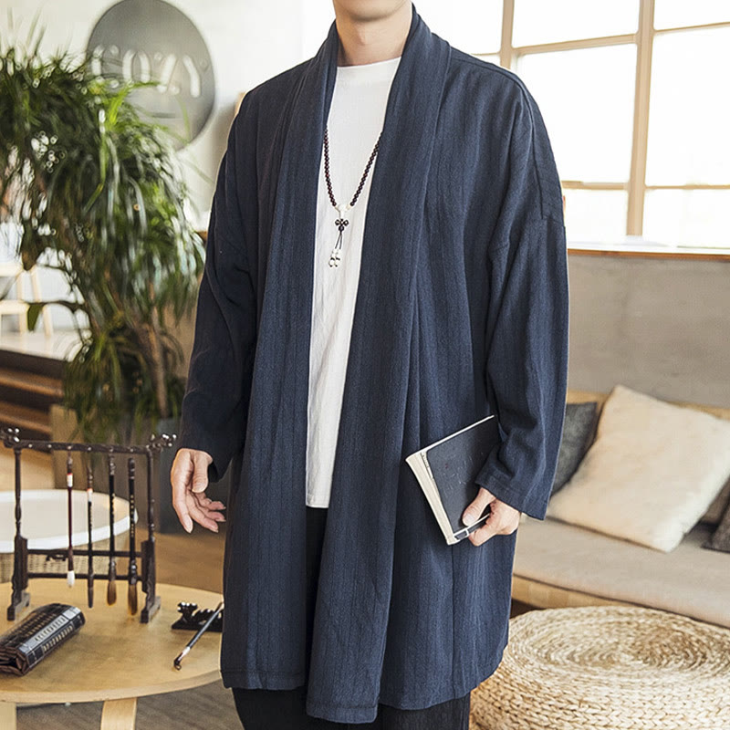 Buddha Stones Fall Simple Casual Loose Plain Linen Blend Men's Mid-length Coat Clothing - SteelBlue - US/UK/AU42，EU52 (3XL) - image 16