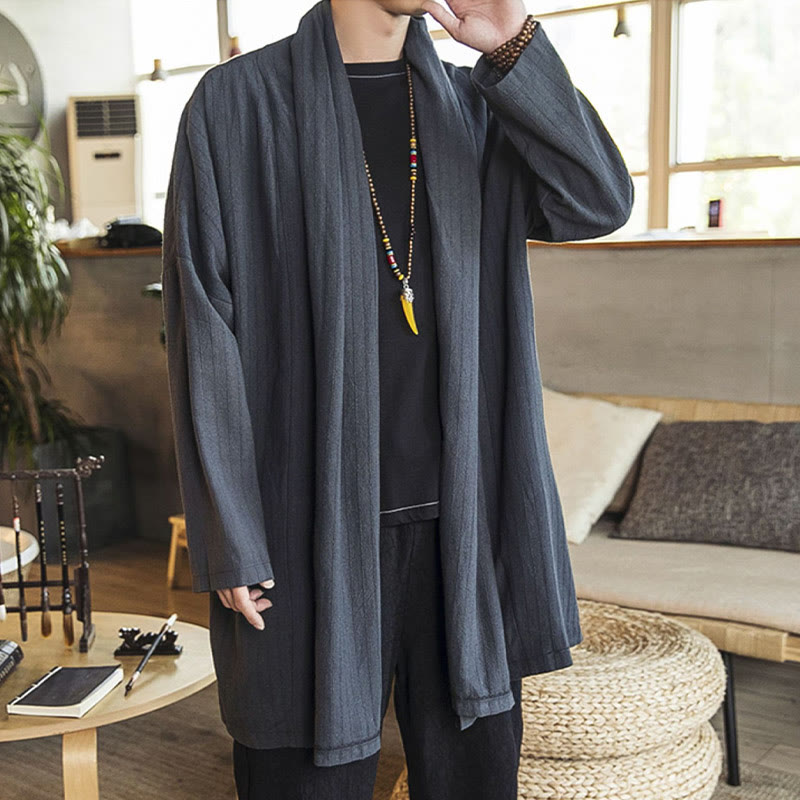 Buddha Stones Fall Simple Casual Loose Plain Linen Blend Men's Mid-length Coat Clothing - image 4