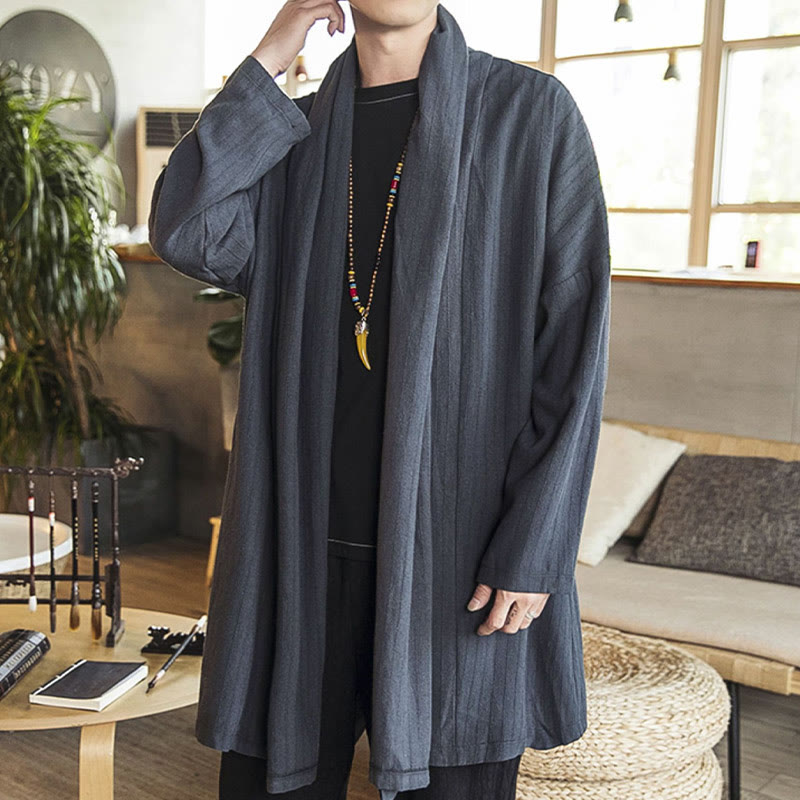 Buddha Stones Fall Simple Casual Loose Plain Linen Blend Men's Mid-length Coat Clothing - image 5