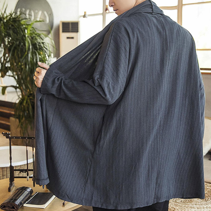 Buddha Stones Fall Simple Casual Loose Plain Linen Blend Men's Mid-length Coat Clothing - image 9