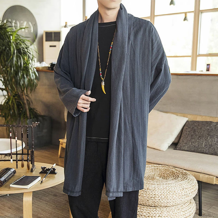 Buddha Stones Fall Simple Casual Loose Plain Linen Blend Men's Mid-length Coat Clothing