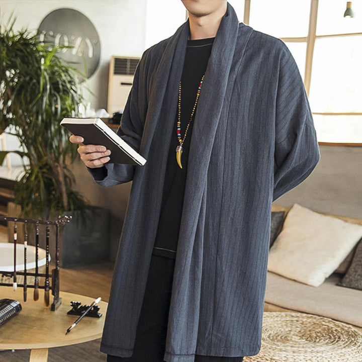 Buddha Stones Fall Simple Casual Loose Plain Linen Blend Men's Mid-length Coat Clothing - image 6