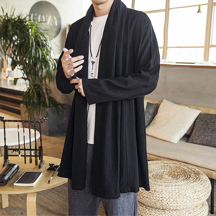 Buddha Stones Fall Simple Casual Loose Plain Linen Blend Men's Mid-length Coat Clothing