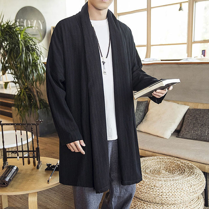 Buddha Stones Fall Simple Casual Loose Plain Linen Blend Men's Mid-length Coat Clothing - image 14