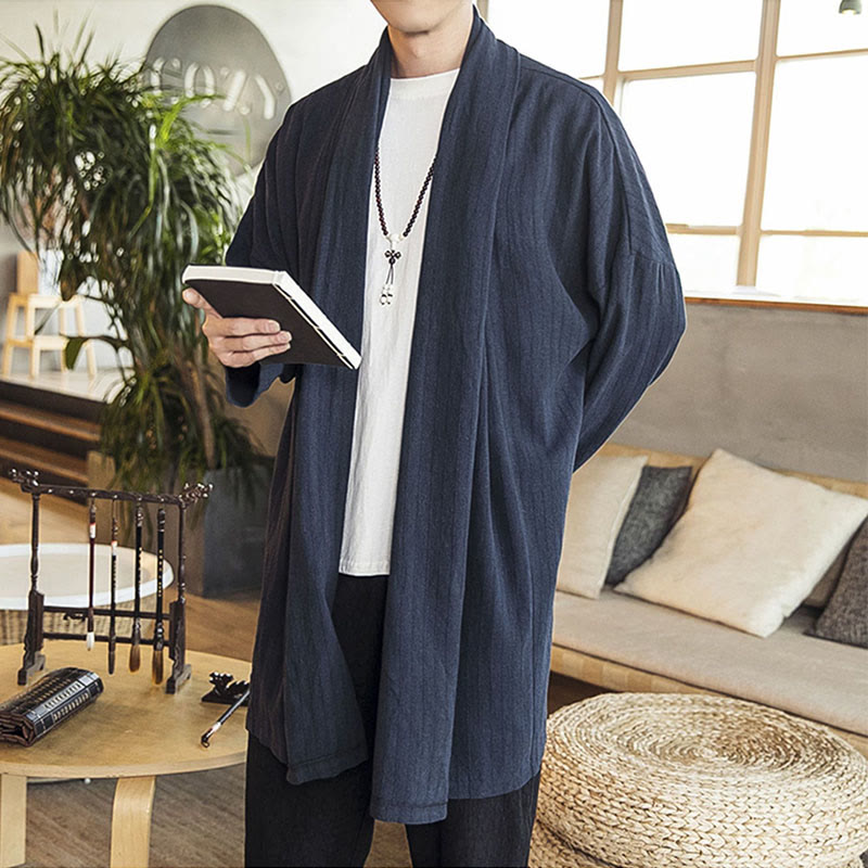 Buddha Stones Fall Simple Casual Loose Plain Linen Blend Men's Mid-length Coat Clothing - image 17