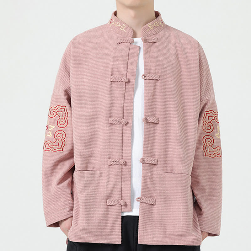 Buddha Stones Men's Frog-button Tang Suit Symmetrical Embroidery Cotton Corduroy Jacket Shirt With Pockets - Pink - US/UK/AU46，EU56 (5XL) - image 5