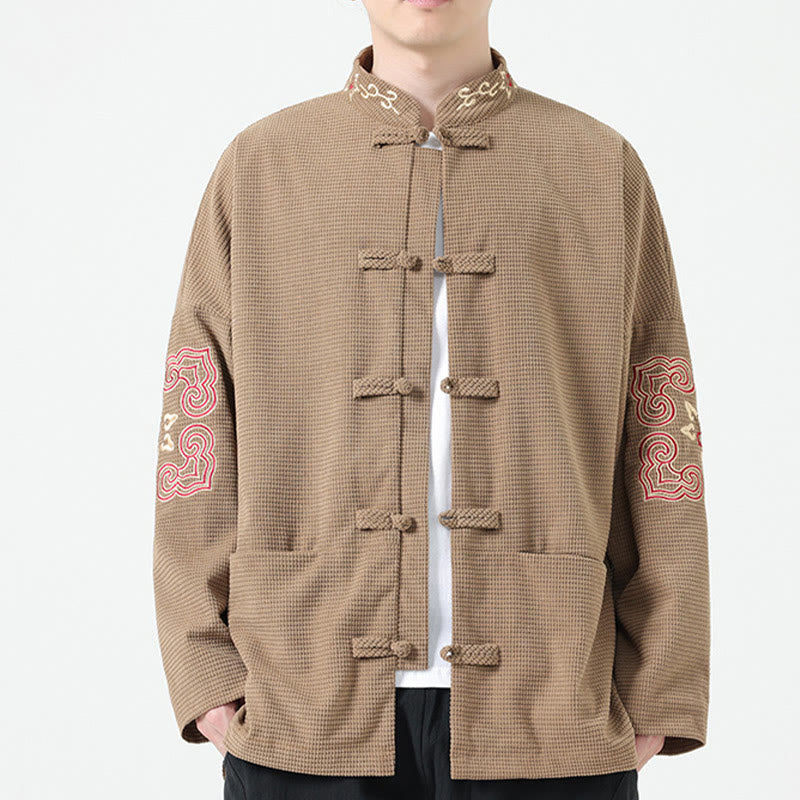 Buddha Stones Men's Frog-button Tang Suit Symmetrical Embroidery Cotton Corduroy Jacket Shirt With Pockets - Tan - US/UK/AU46，EU56 (5XL) - image 7