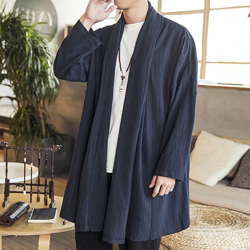 Buddha Stones Fall Simple Casual Loose Plain Linen Blend Men's Mid-length Coat Clothing - image 22