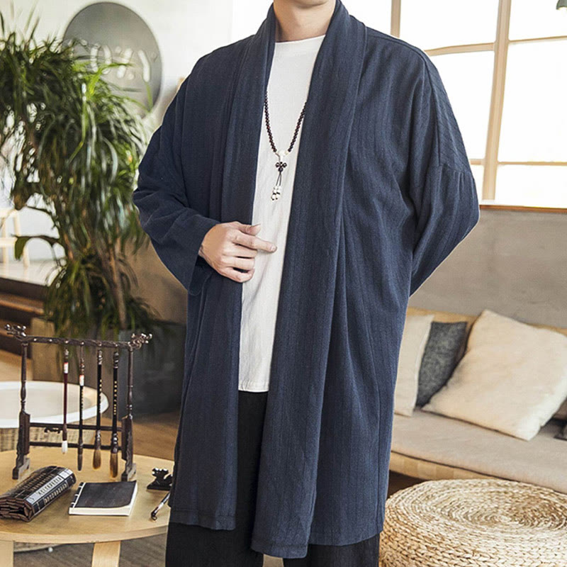 Buddha Stones Fall Simple Casual Loose Plain Linen Blend Men's Mid-length Coat Clothing