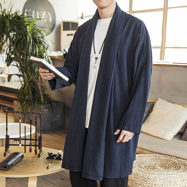 Buddha Stones Fall Simple Casual Loose Plain Linen Blend Men's Mid-length Coat Clothing - image 18