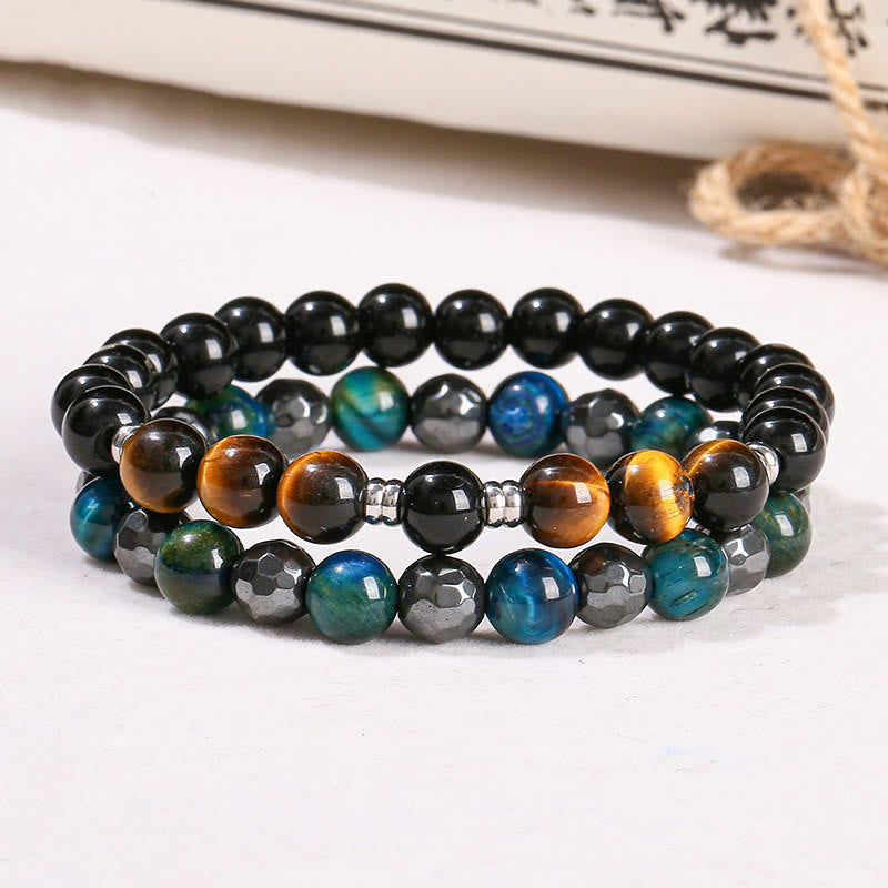 Buddha Stones 2Pcs Hematite Tiger Eye Blue Tiger Eye Powerful Bracelet Set