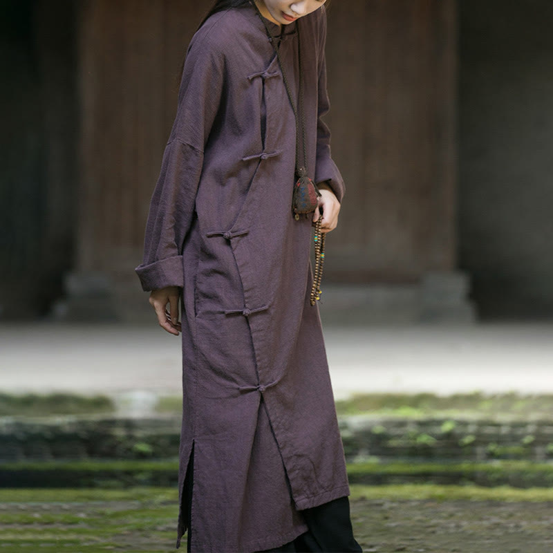 Buddha Stones Solid Color Frog-Button Long Sleeve Ramie Linen Cotton Midi Dress With Pockets