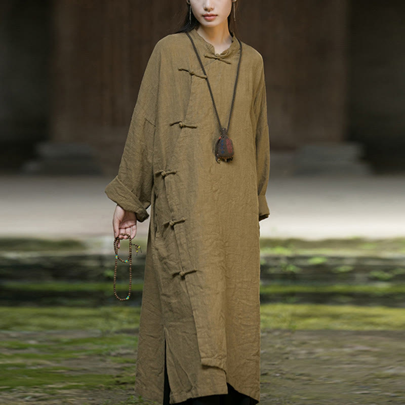 Buddha Stones Solid Color Frog-Button Long Sleeve Ramie Linen Cotton Midi Dress With Pockets