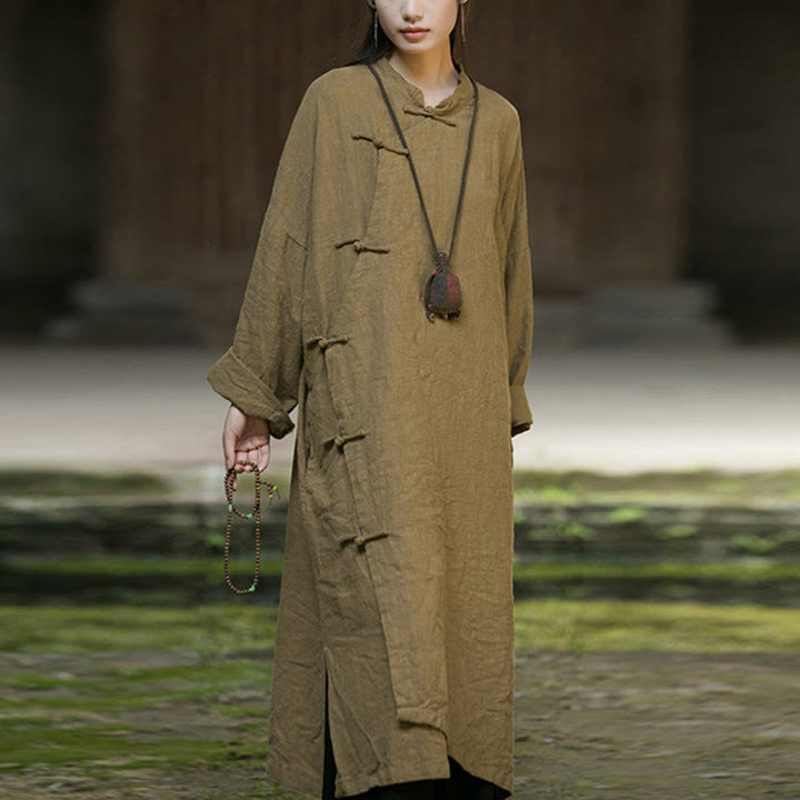 Buddha Stones Solid Color Frog-Button Long Sleeve Ramie Linen Cotton Midi Dress With Pockets - image 3