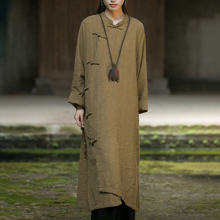 Buddha Stones Solid Color Frog-Button Long Sleeve Ramie Linen Cotton Midi Dress With Pockets - image 1