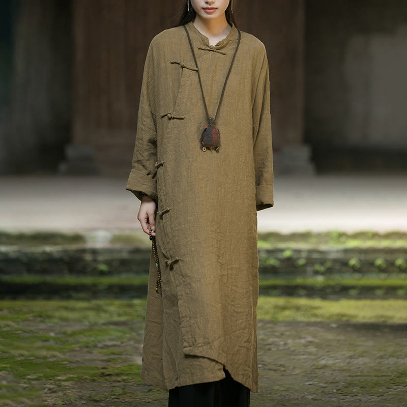 Buddha Stones Solid Color Frog-Button Long Sleeve Ramie Linen Cotton Midi Dress With Pockets - image 1