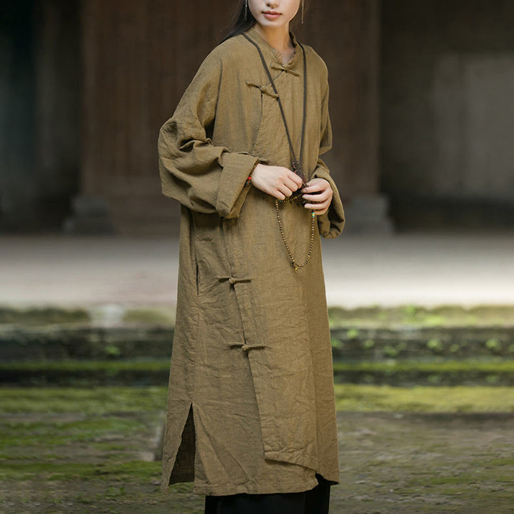 Buddha Stones Solid Color Frog-Button Long Sleeve Ramie Linen Cotton Midi Dress With Pockets - image 2