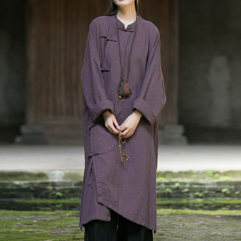 Buddha Stones Solid Color Frog-Button Long Sleeve Ramie Linen Cotton Midi Dress With Pockets - Purple - US4-12，UK/AU8-16，EU36-44 (F) - image 16