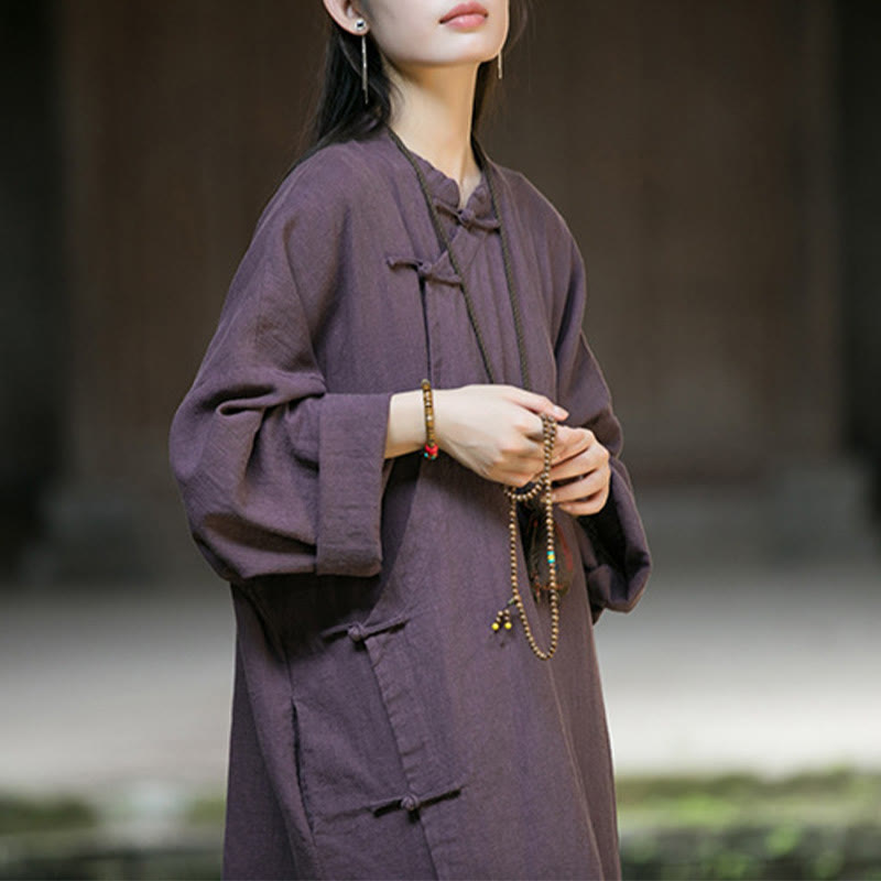Buddha Stones Solid Color Frog-Button Long Sleeve Ramie Linen Cotton Midi Dress With Pockets - image 24