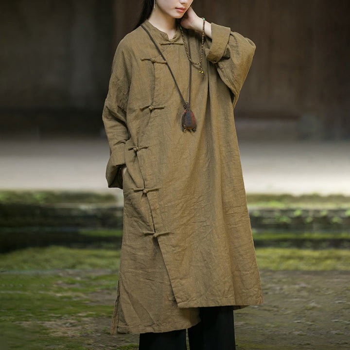 Buddha Stones Solid Color Frog-Button Long Sleeve Ramie Linen Cotton Midi Dress With Pockets - image 9
