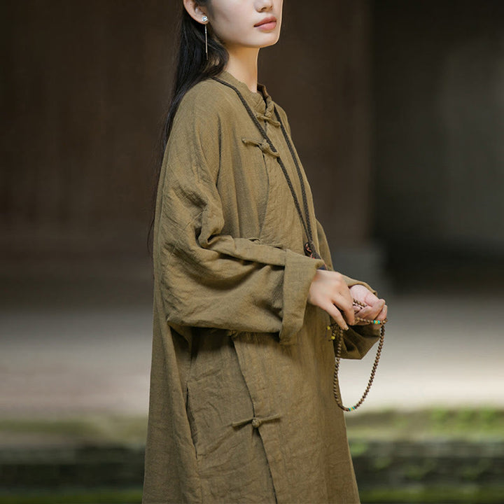 Buddha Stones Solid Color Frog-Button Long Sleeve Ramie Linen Cotton Midi Dress With Pockets - image 14