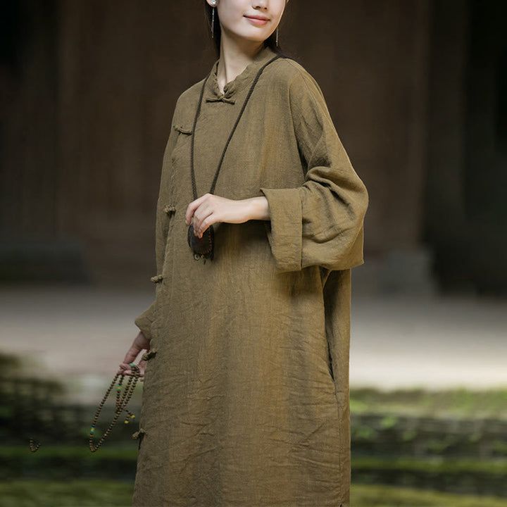 Buddha Stones Solid Color Frog-Button Long Sleeve Ramie Linen Cotton Midi Dress With Pockets - image 11