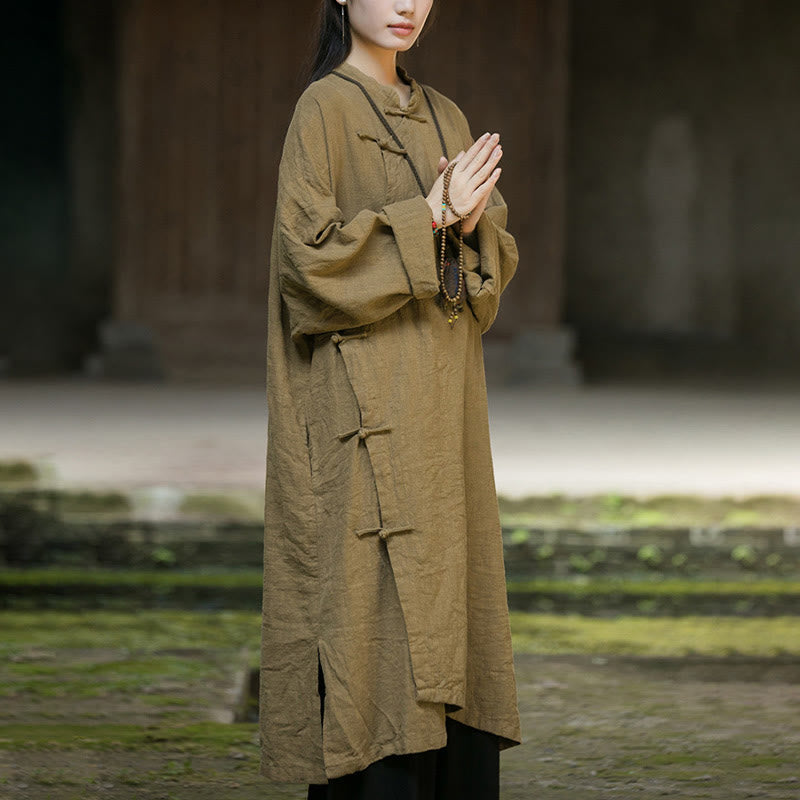 Buddha Stones Solid Color Frog-Button Long Sleeve Ramie Linen Cotton Midi Dress With Pockets - image 7