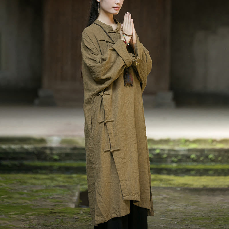 Buddha Stones Solid Color Frog-Button Long Sleeve Ramie Linen Cotton Midi Dress With Pockets