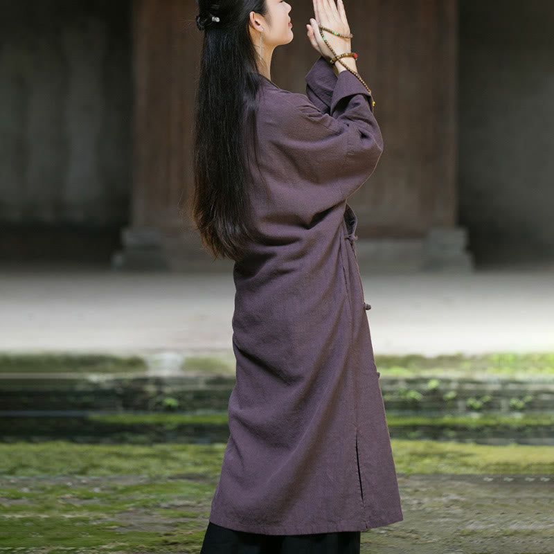 Buddha Stones Solid Color Frog-Button Long Sleeve Ramie Linen Cotton Midi Dress With Pockets - image 19