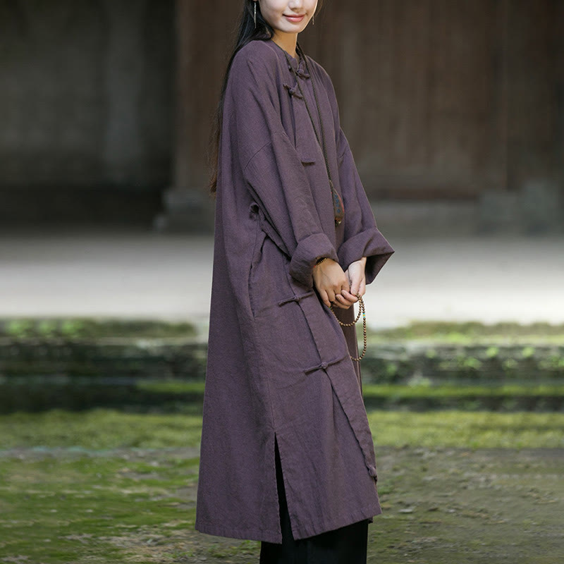 Buddha Stones Solid Color Frog-Button Long Sleeve Ramie Linen Cotton Midi Dress With Pockets