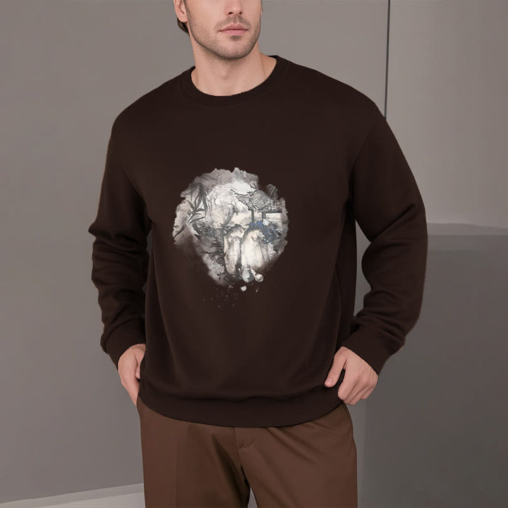 Buddha Stones Chinese Bamboo Mountain Pavilion Design Fleece Lined Sweatshirt