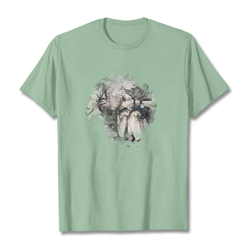 Buddha Stones Chinese Bamboo Mountain Pavilion Design Pattern Tee T-shirt - Pale Green - 2XL - image 16