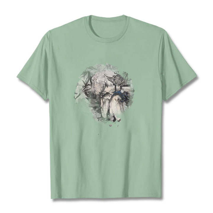 Buddha Stones Chinese Bamboo Mountain Pavilion Design Pattern Tee T-shirt - Pale Green - 2XL - image 16