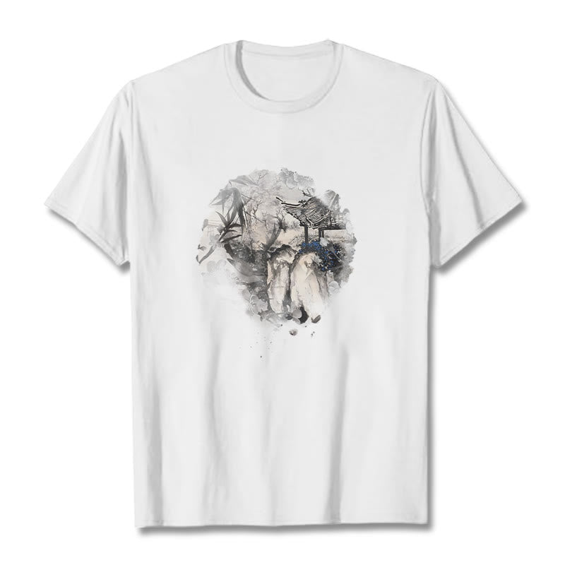 Buddha Stones Chinese Bamboo Mountain Pavilion Design Pattern Tee T-shirt - White - 2XL - image 8