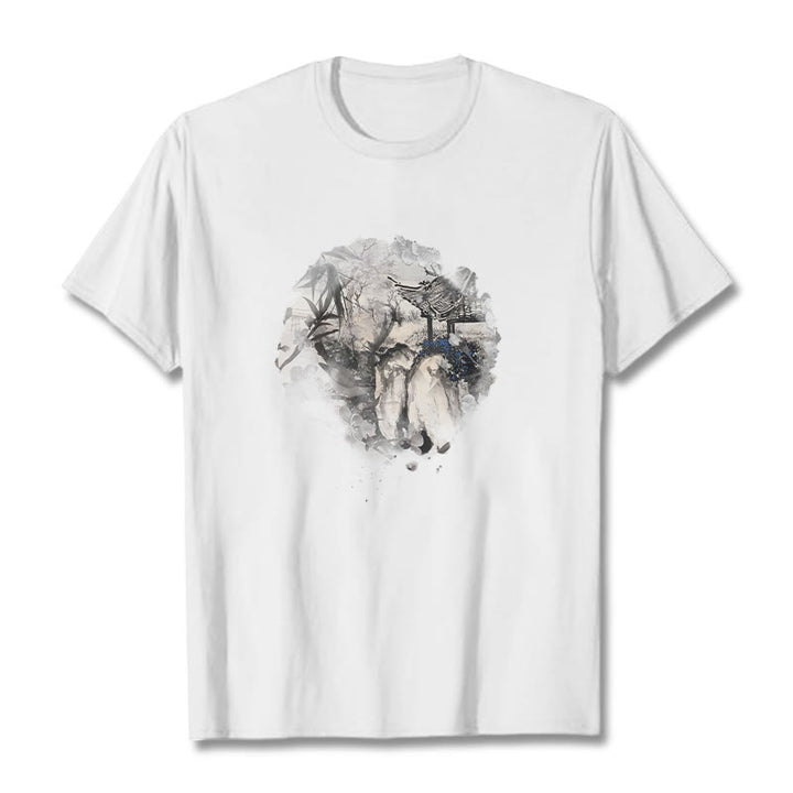 Buddha Stones Chinese Bamboo Mountain Pavilion Design Pattern Tee T-shirt - White - 2XL - image 8