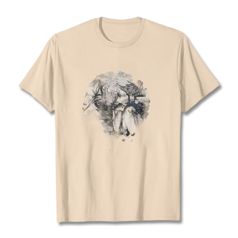 Buddha Stones Chinese Bamboo Mountain Pavilion Design Pattern Tee T-shirt - Bisque - 2XL - image 6