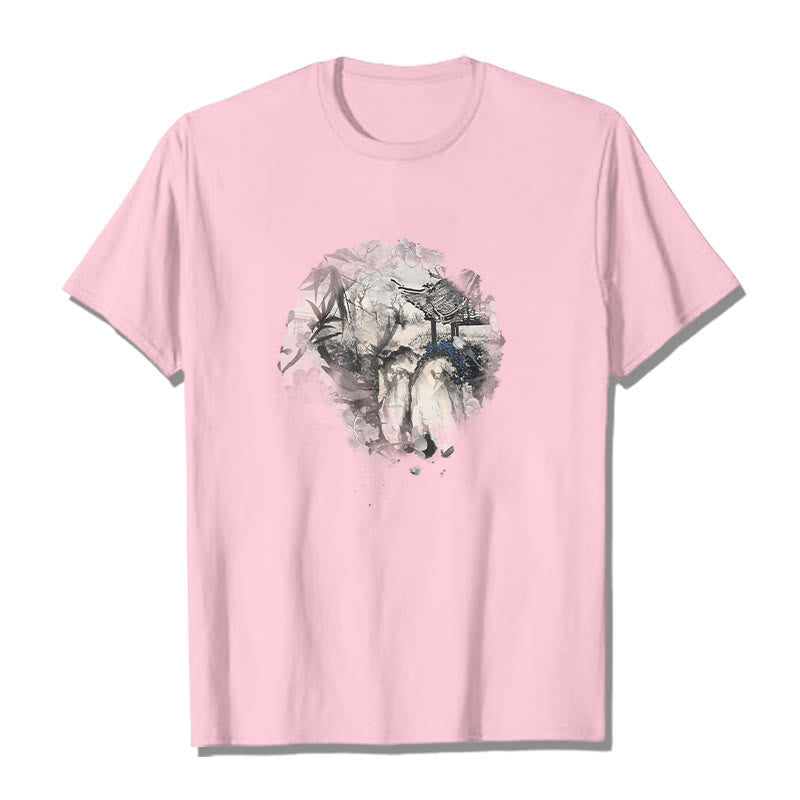 Buddha Stones Chinese Bamboo Mountain Pavilion Design Pattern Tee T-shirt - Light Pink - 2XL - image 14