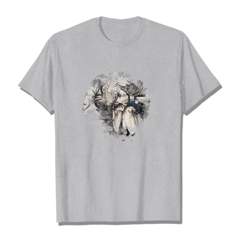 Buddha Stones Chinese Bamboo Mountain Pavilion Design Pattern Tee T-shirt - Light Grey - 2XL - image 20