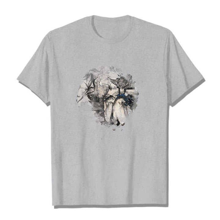 Buddha Stones Chinese Bamboo Mountain Pavilion Design Pattern Tee T-shirt - Light Grey - 2XL - image 20