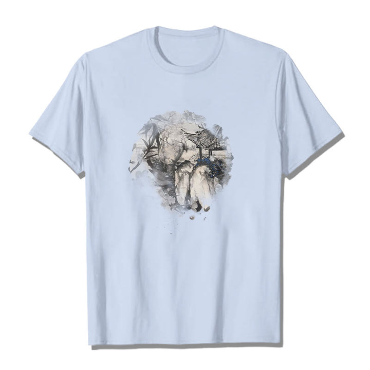 Buddha Stones Chinese Bamboo Mountain Pavilion Design Pattern Tee T-shirt - Light Cyan - 2XL - image 13