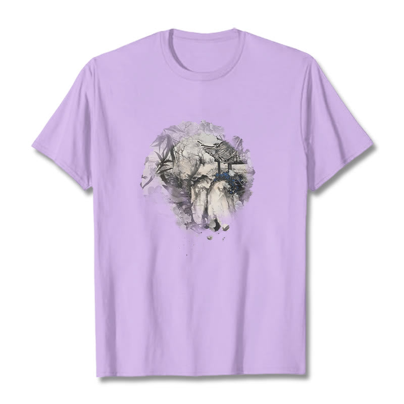 Buddha Stones Chinese Bamboo Mountain Pavilion Design Pattern Tee T-shirt - Plum - 2XL - image 18