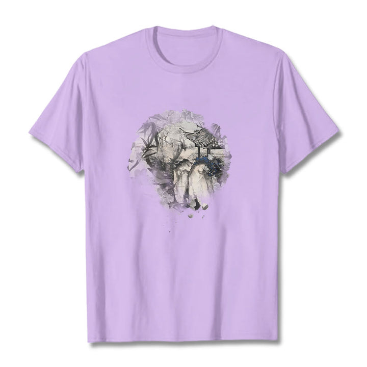 Buddha Stones Chinese Bamboo Mountain Pavilion Design Pattern Tee T-shirt - Plum - 2XL - image 18