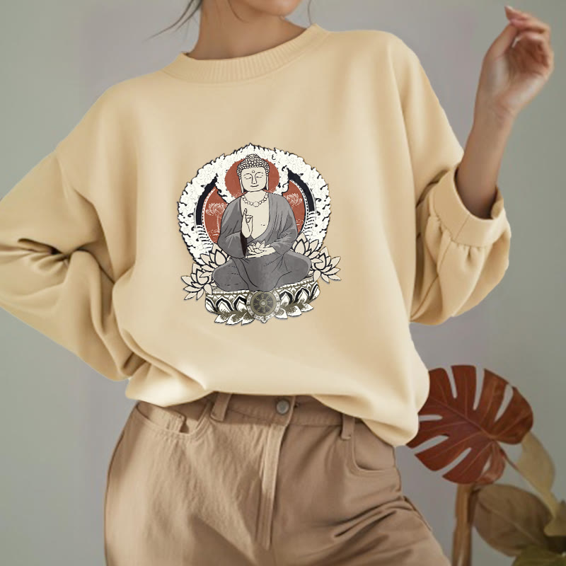 Buddha Stones Meditating Buddha Sitting With Lotus Fleece Lined Polyester Sweatshirt