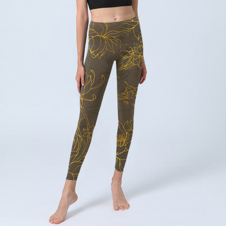 Buddha Stones Yellowish Brown Lotus Flower Lotus Leaf Print Gym Leggings Women's Yoga Pants