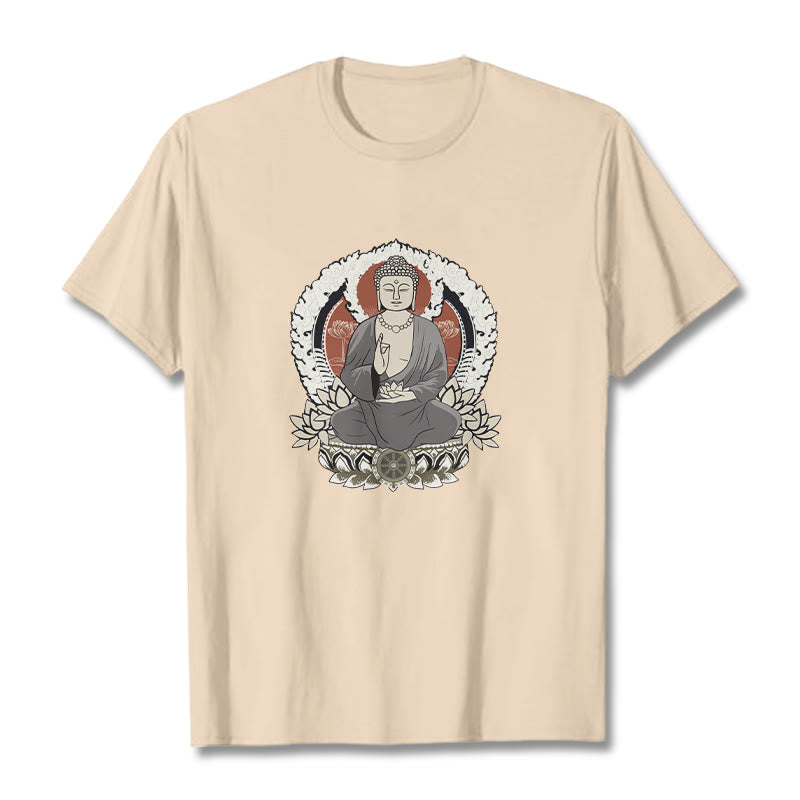 Buddha Stones Meditating Buddha Sitting With Lotus Pattern Tee T-shirt - Bisque - 2XL - image 1