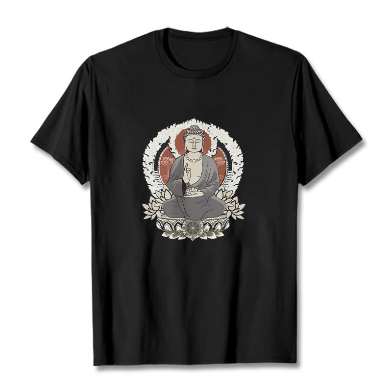 Buddha Stones Meditating Buddha Sitting With Lotus Pattern Tee T-shirt - Black - 2XL - image 4