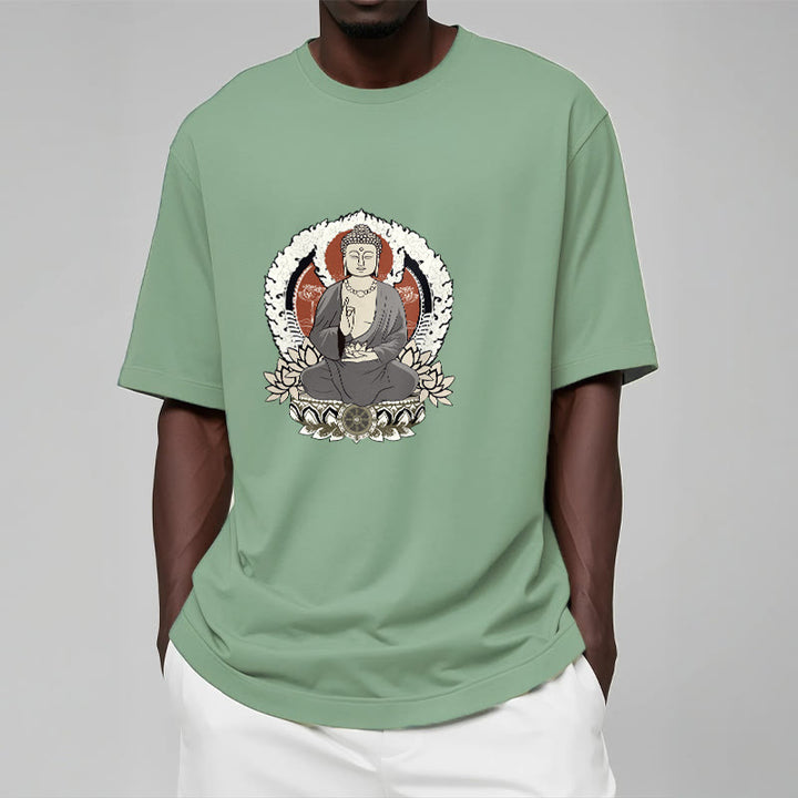 Buddha Stones Meditating Buddha Sitting With Lotus Pattern Tee T-shirt